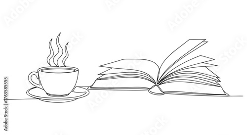 A single continuous line drawing depicts a steaming cup of coffee and an open book, illustrating the joy of reading and relaxation