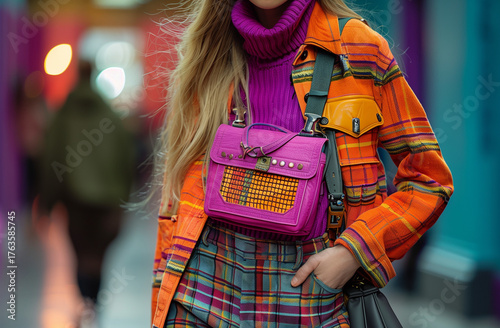 young woman with fashion bag in city