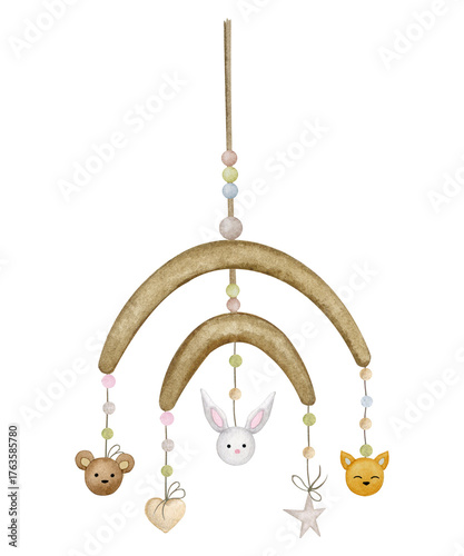 Baby mobile with cute animals. Interior element. Newborn's room in Scandinavian, boho and retro styles. Hand drawn illustrations. Baby shower, birthday party, birth of a child.
