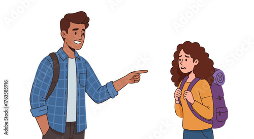 Young man teasing schoolgirl with backpack: humor and friendship concept