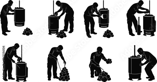 Silhouette vector illustration of worker filling container with spherical objects, compressing contents, using tools, step process, manufacturing, preparation, and industry