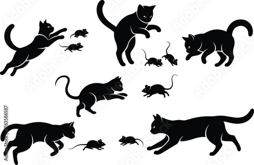 Black cat and mouse silhouette set, stalking, chasing, playful poses, predator prey interaction, vector illustration, dynamic, elegant, minimal