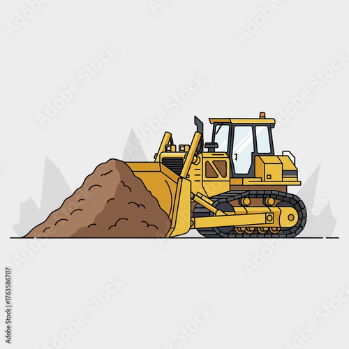 Yellow construction bulldozer pushing a pile of soil vector illustration.