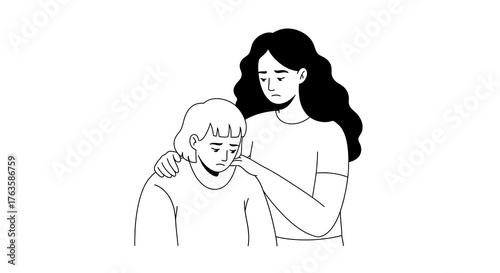Caring support: black and white line art showing comfort and friendship