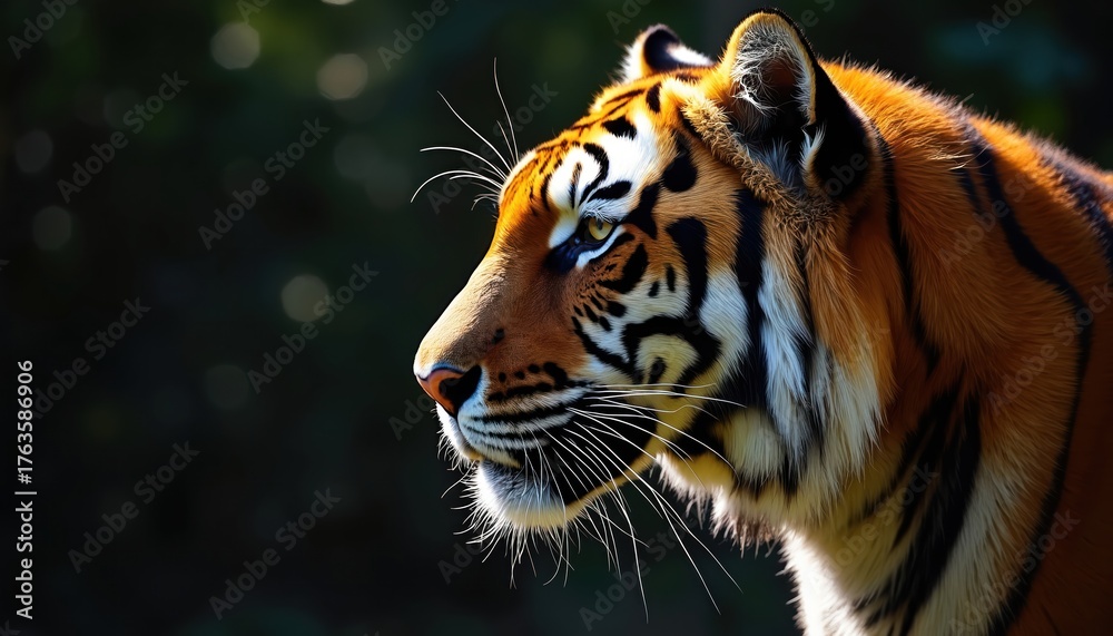 Obraz premium Majestic tiger face in profile bathed in sunlight showing detailed fur and striking black stripes. Powerful predator gazes intensely with yellow eye. Wild animal in nature.