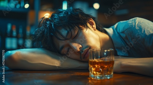 Young man sleeping on a bar counter next to a glass of whiskey, tired or overworked.
Can be used in materials about nightlife, overwork, sleep or alcohol problems.