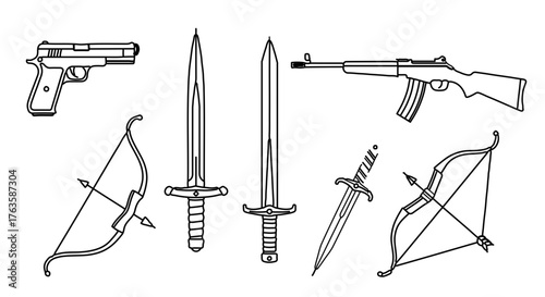 Collection of vintage weapon line art illustration