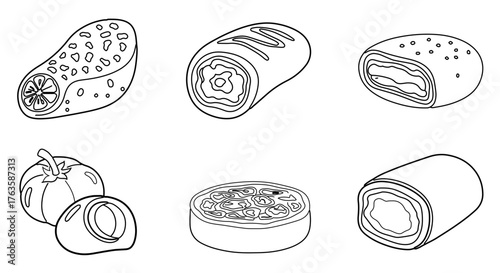Selection of sicilian pastry sketches, showcasing cannoli and cassata variations