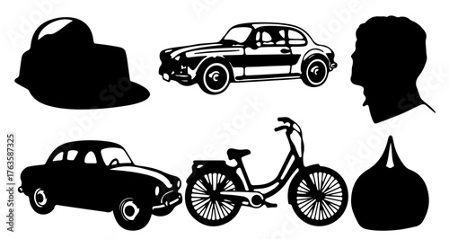 Collection of vintage transportation and accessories silhouettes a diverse set of classic vehicles and fashion items