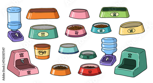 Colorful pet food and water dispensers with paw print decor on white background