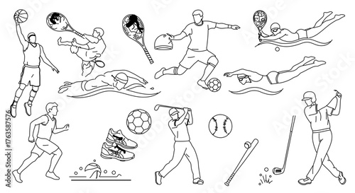 Sports equipment and players sketch, including basketball, tennis, soccer, golf, and swimming