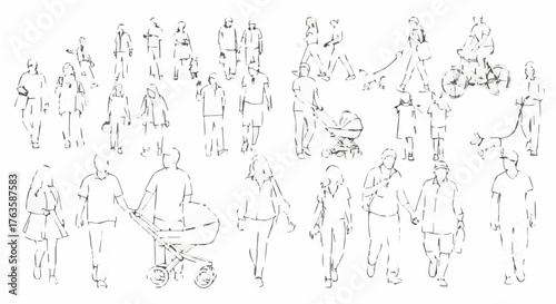 Crowd of people sketch, depicting various ages and activities in a public space