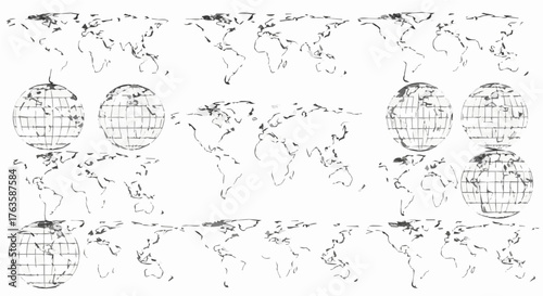 World map sketch collection showing different views and projections of the globe