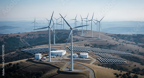 Aerial view of wind turbines and solar panels on a hill under a clear blue sky in the daytime ai generated