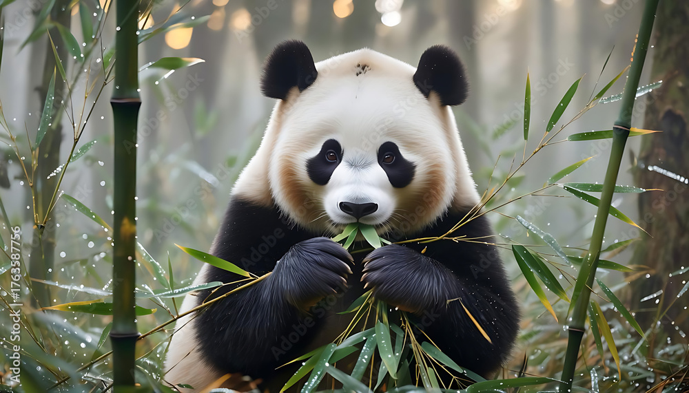 Obraz premium Giant cute panda eating bamboo tree and leaves. Chinese mammal symbol