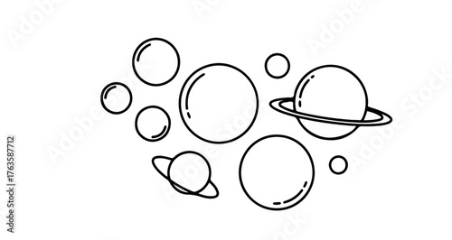 Illustration of planets and celestial bodies in space, with varying sizes and rings