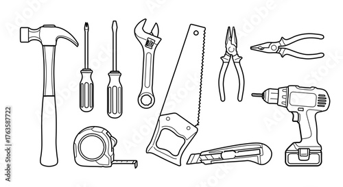 Illustration of various hand tools used for construction and repair, including hammer, saw, drill