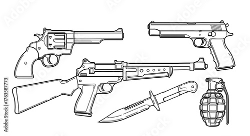 Outline drawing of various weapons including handguns, rifle, knife, and grenade