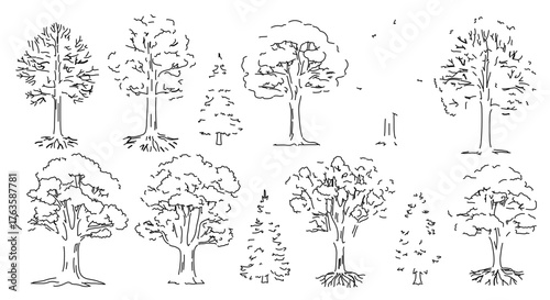 Outline drawing of various trees including deciduous and coniferous trees