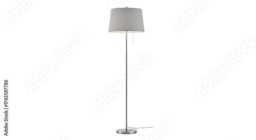 Contemporary standing floor lamp with silver base and light gray shade for interior design. isolated PNG with Transparent Background