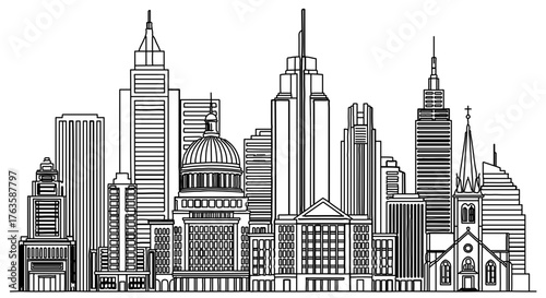 Detailed city skyline, featuring various architectural styles and building heights in a line art