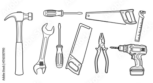 Hand drawn sketch of various tools, including hammer, wrench, and screwdriver