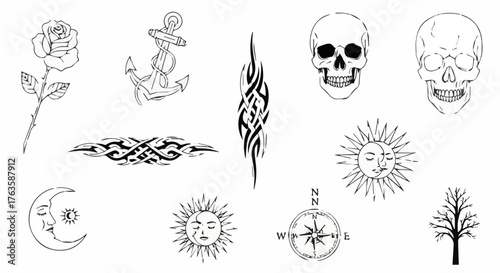 Collection of various tattoo sketches, including skulls, rose, anchor, sun and moon