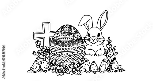Easter coloring page with bunny, decorated egg, cross, flowers and chicks