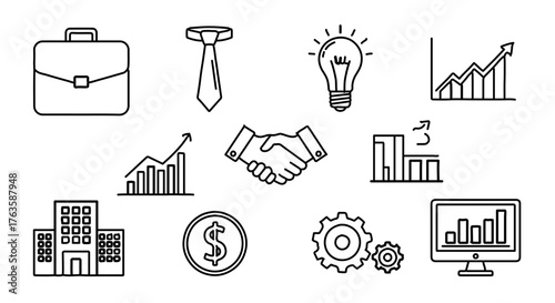 Business and finance icons set, briefcase, tie, light bulb, graph, handshake
