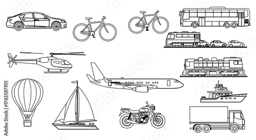 Various modes of transportation in line art style for coloring book