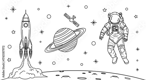 Illustration of a rocket launching from the moon with an astronaut and planet