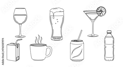Illustration of various beverage glasses and containers, including wine, beer, juice, and water