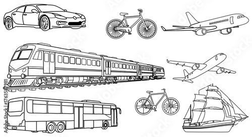 Hand drawn illustration of various transportation for design element