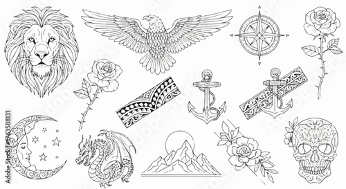 Illustration of various tattoo designs, perfect for tattoo artists and enthusiasts