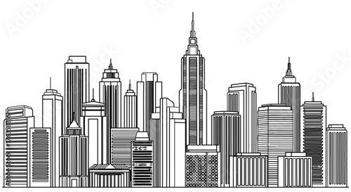 Monochrome skyline illustration showing various skyscrapers and buildings
