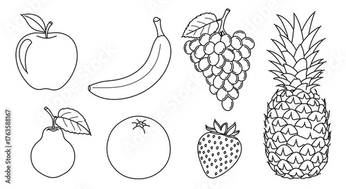 Illustration of various fruits including apple, banana, grapes, pineapple, pear, orange and strawberry