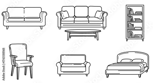 Illustration of various furniture items including sofa, chair, bed and bookcase