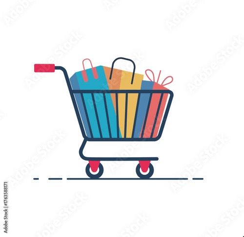 Shopping Cart with Colorful Bags and Gifts ,Shopping Cart with Gift Boxes and Colorful Bags