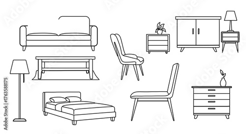 Collection of furniture, including sofa, bed, chair, table, and cabinet