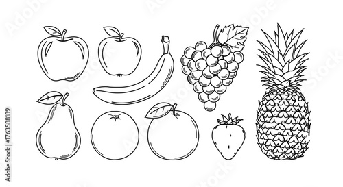 Collection of fruits, including apple, banana, grape, pineapple, and strawberry