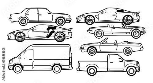 Car body type set, hand drawn vector illustration contains sedan, coupe, convertible, van, pickup truck, sport car