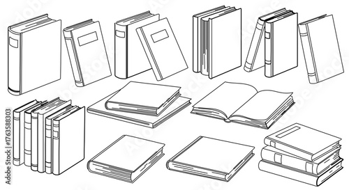 Book set, hand drawn vector illustration contains various books, open book, stack of books, closed book