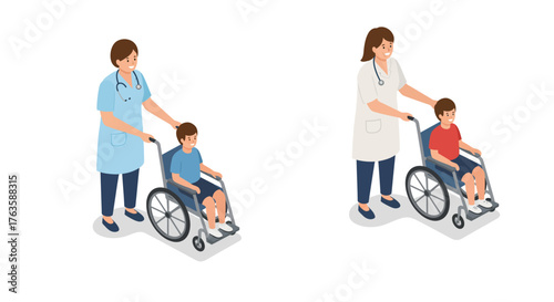 Healthcare worker assisting child in wheelchair: medical support and pediatri…