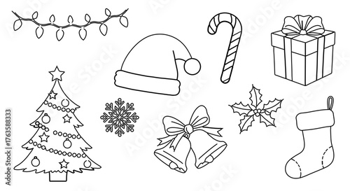 Christmas elements christmas tree, gift, lights, bell, candy cane, snowflake, and stocking