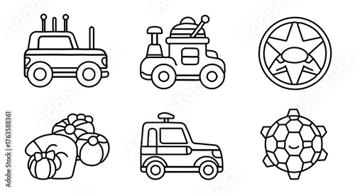 Collection of cute cartoon vehicle and toy icons for kids design