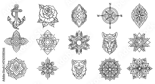 Set of geometric tattoo design elements vector line art illustration