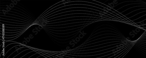 Flowing dotted particles, wave patterns, halftone gradients, curved shapes isolated on a black background. Vector in technology, science, music, modern concepts.Print