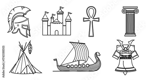Illustration of various historical and cultural symbols