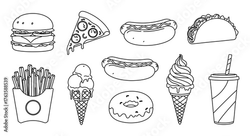 Collection of fast food items in black and white, including burger, pizza, hotdog, taco