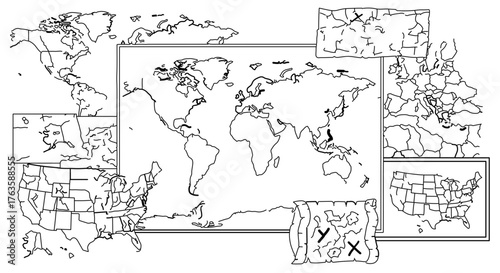 Black and white world map with various continents and countries, including a treasure map